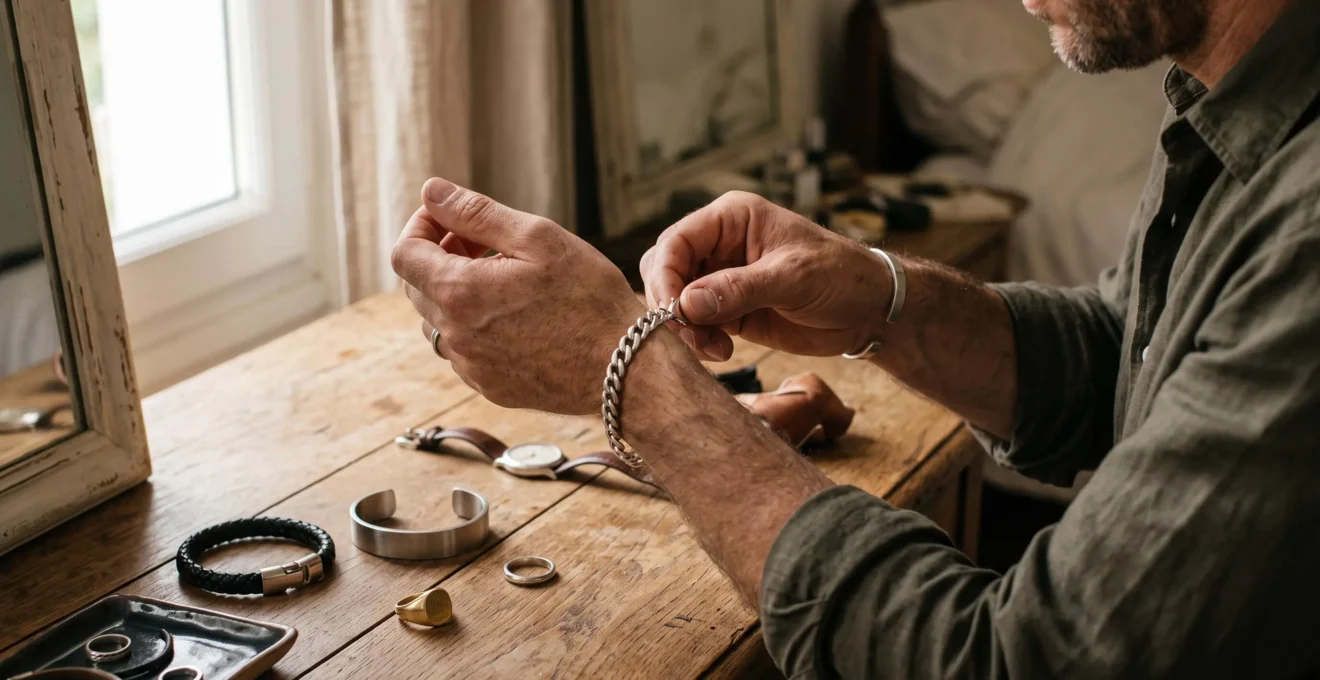 Un homme attache un bracelet argenté à son poignet devant des bijoux posés sur une table.