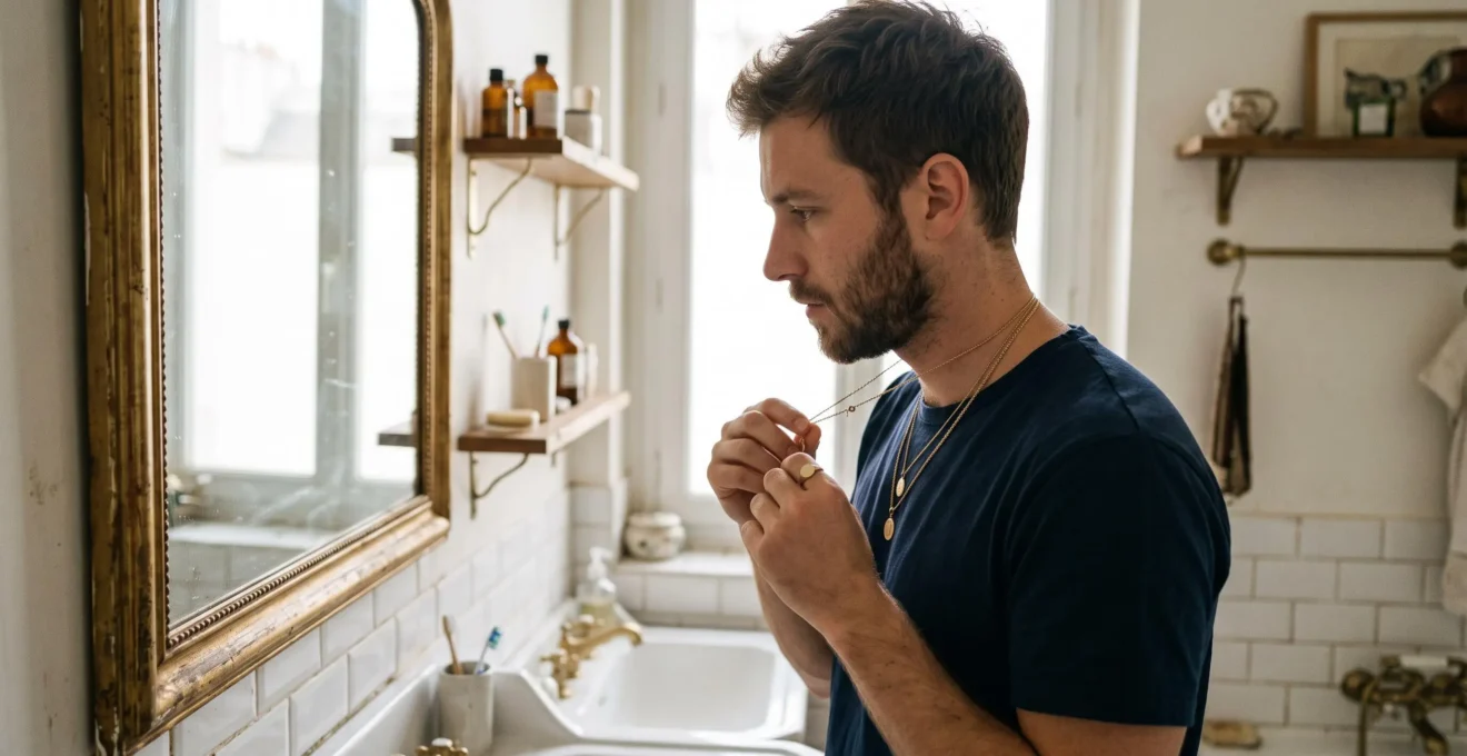 Un homme ajuste une fine chaîne sur son col devant un miroir de salle de bain.